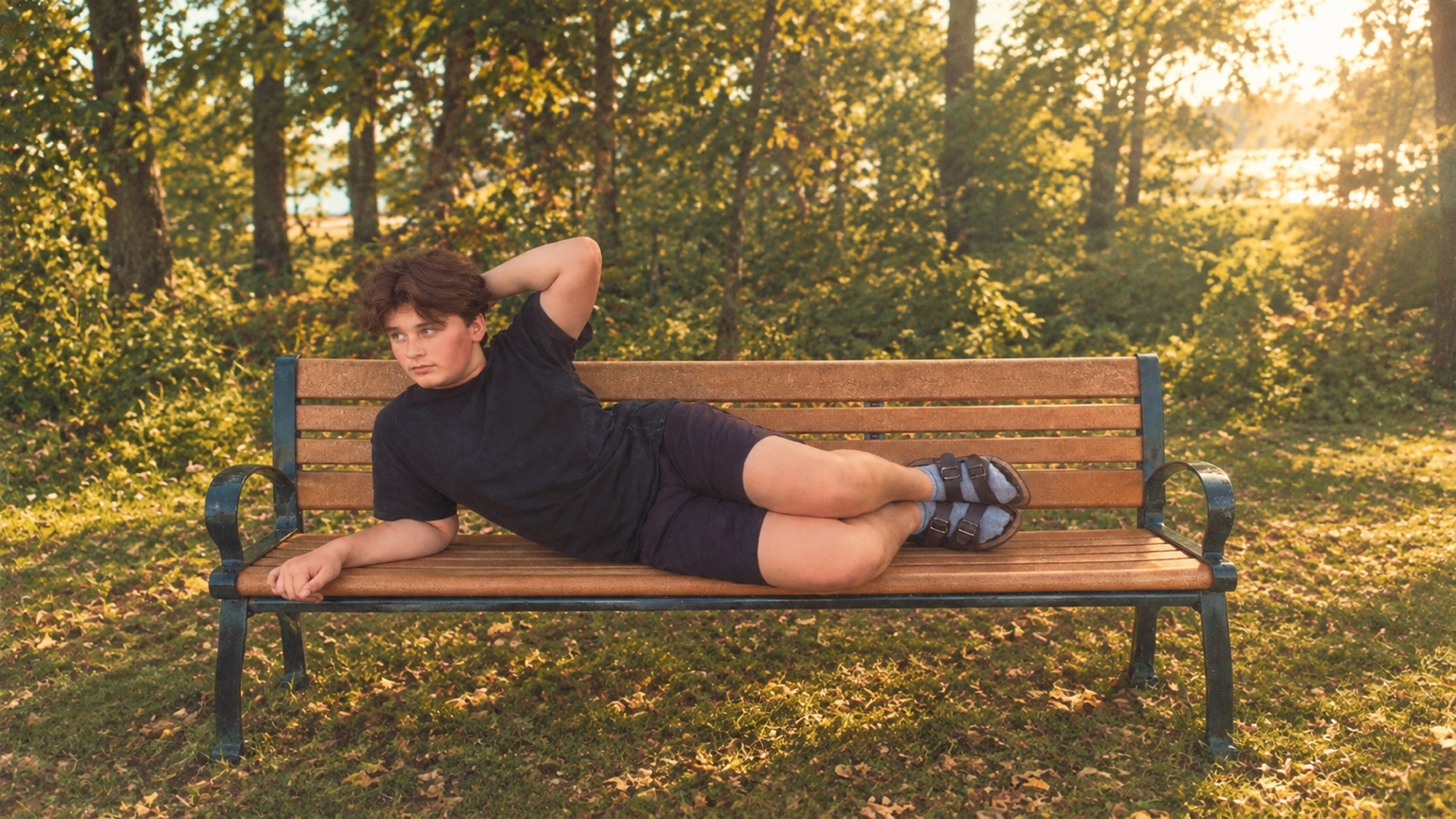 Landon Taylor outdoors on a park bench